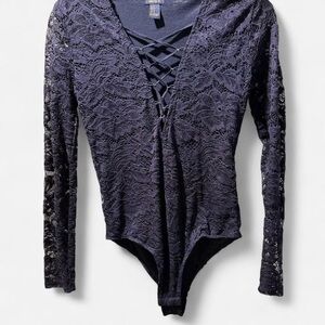 Forever 21 Black Sheer floral Lace Longsleeve Bodysuit size Small Whimsigoth